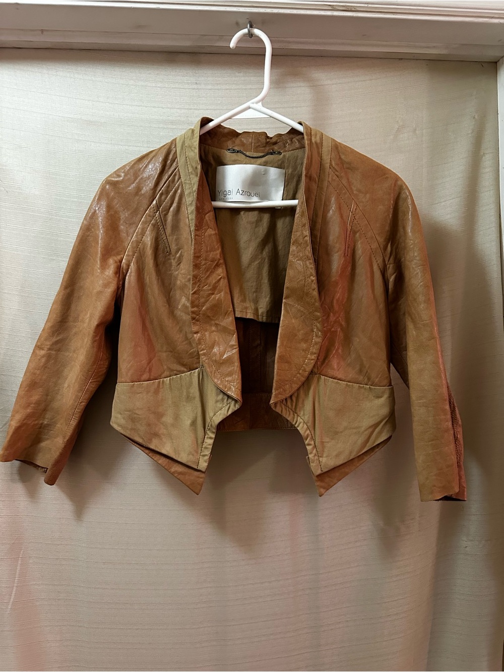 Yigal Azrouel Genuine Leather Cropped Jacket Draped Open Front Designer